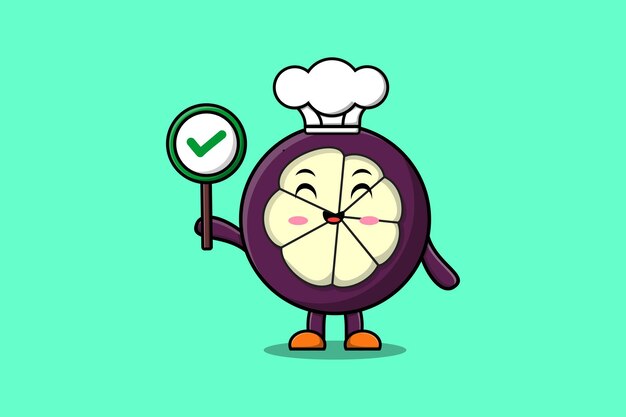 Cute cartoon Mangosteen chef character holding correct sign board in vector character illustration