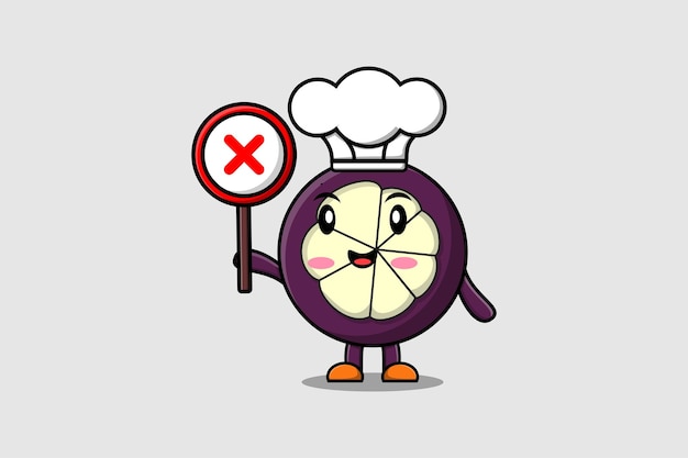 cute cartoon Mangosteen chef holding wrong sign board in vector character illustration