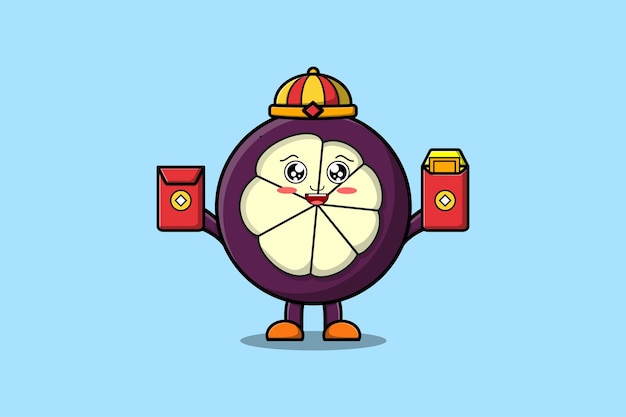 Cute cartoon Mangosteen chinese character holding red packets vector icon illustration