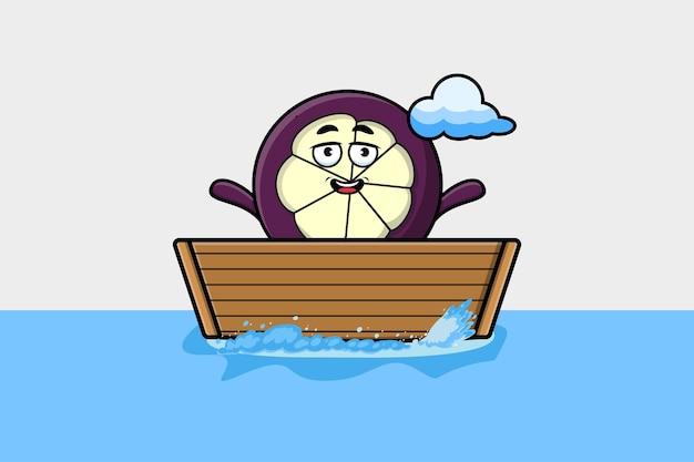 cute cartoon Mangosteen get on boat in vector character illustration