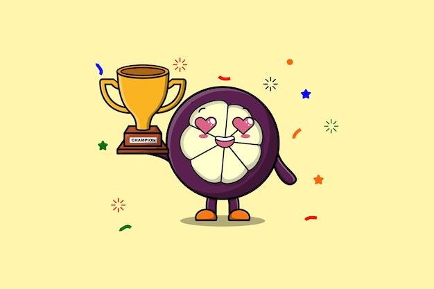 Cute Cartoon Mangosteen is holding golden trophy