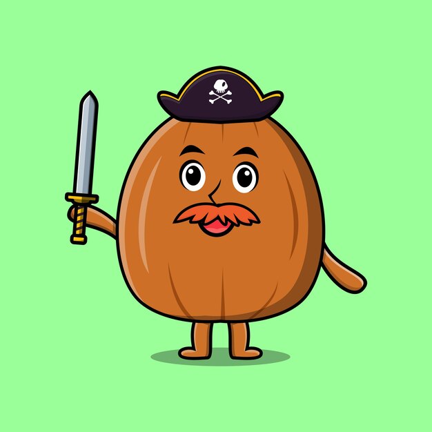 Cute cartoon mascot character almond nut pirate with hat and holding sword design