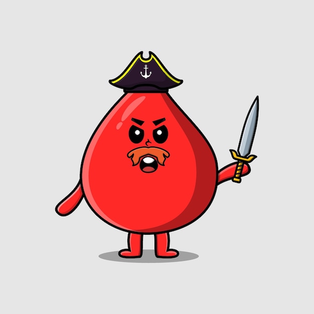 Cute cartoon mascot character blood drop pirate with hat and holding sword in modern design