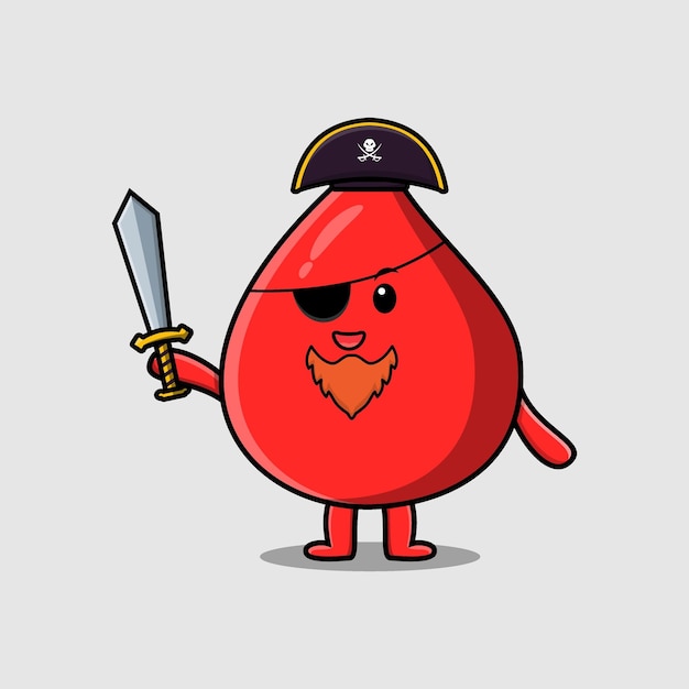 Cute cartoon mascot character blood drop pirate with hat and holding sword in modern design