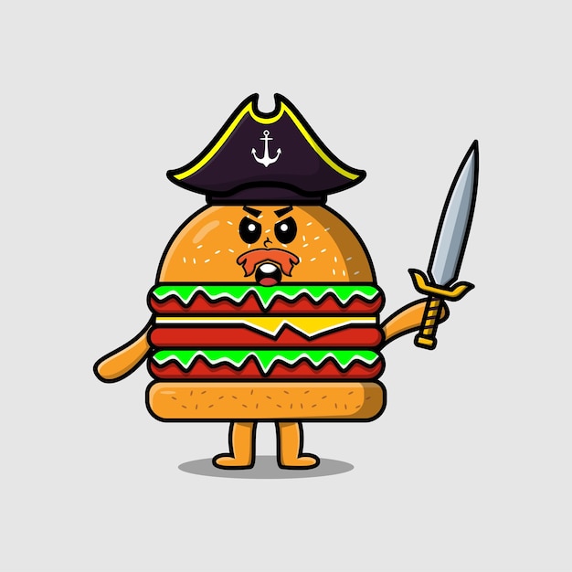 Cute cartoon mascot character Burger pirate with hat and holding sword in modern design