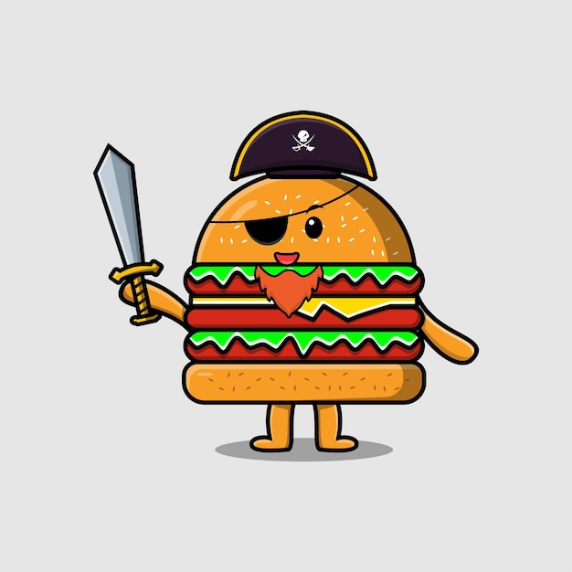 Cute cartoon mascot character Burger pirate with hat and holding sword in modern design