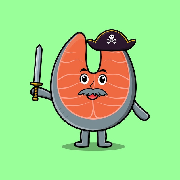 Cute cartoon mascot character fresh salmon pirate with hat and holding sword in modern design