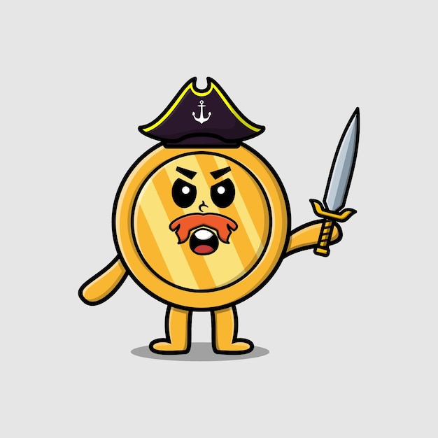 Cute cartoon mascot character gold coin pirate with hat and holding sword in modern design