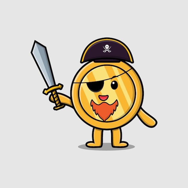 Cute cartoon mascot character gold coin pirate with hat and holding sword in modern design