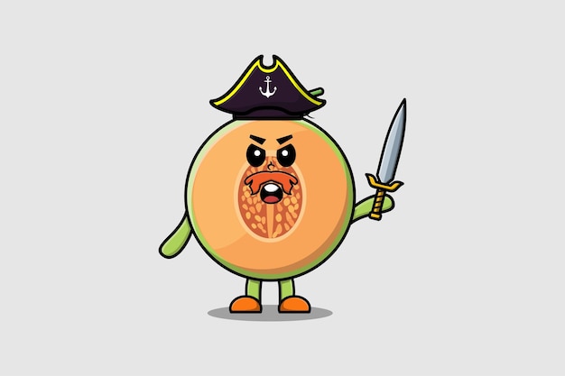 Cute cartoon mascot character Melon pirate with hat and holding sword in modern design