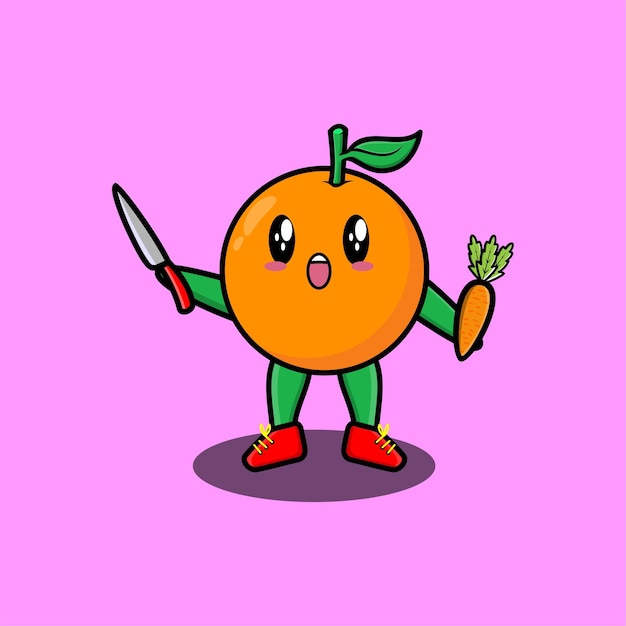 Cute cartoon mascot character orange holding knife and carrot in modern style design