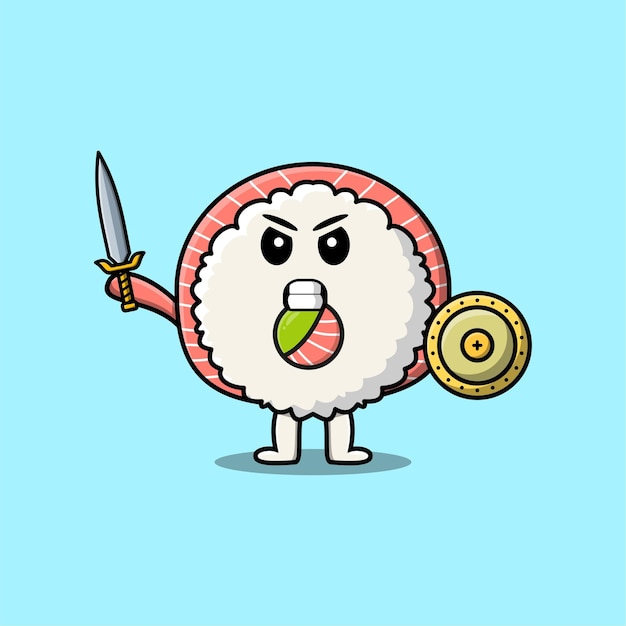 Cute cartoon mascot character rice sushi rolls sashimi and holding sword and shield in modern design