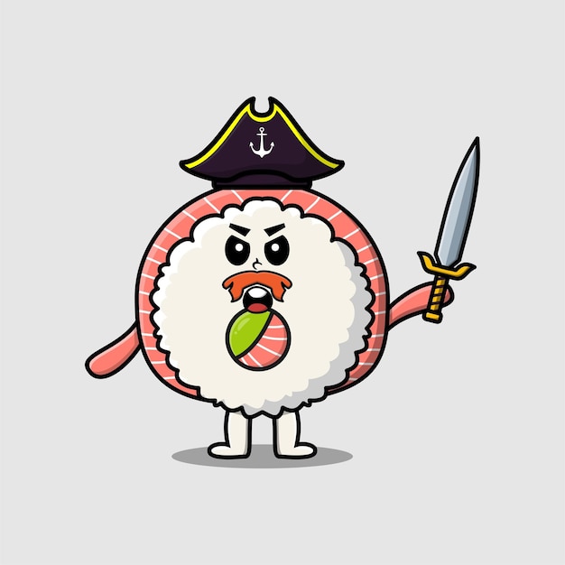 Cute cartoon mascot character rice sushi rolls sashimi pirate with hat and holding sword design