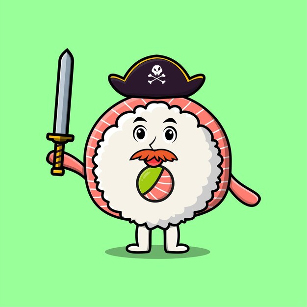 Cute cartoon mascot character rice sushi rolls sashimi pirate with hat and holding sword design