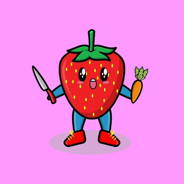 Cute cartoon mascot character strawberry holding knife and carrot in modern style design