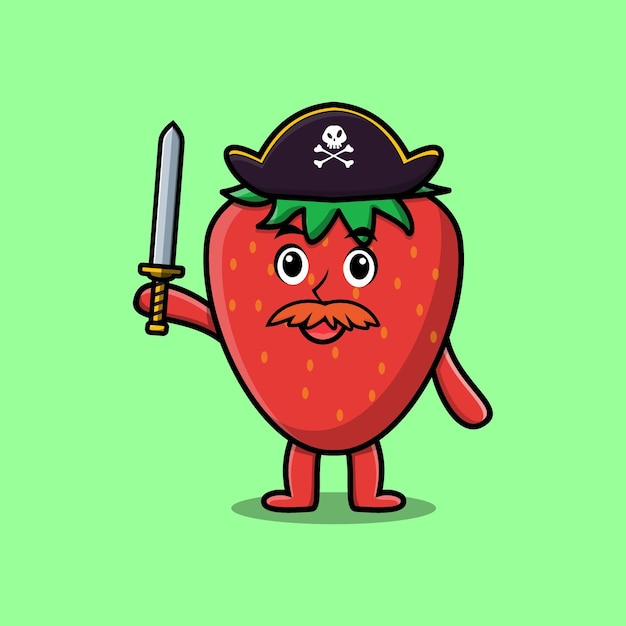 Cute cartoon mascot character strawberry pirate with hat and holding sword in modern design