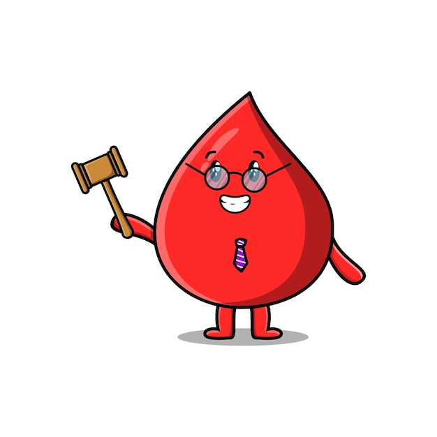 Cute cartoon mascot character wise judge blood drop wearing glasses and holding a hammer