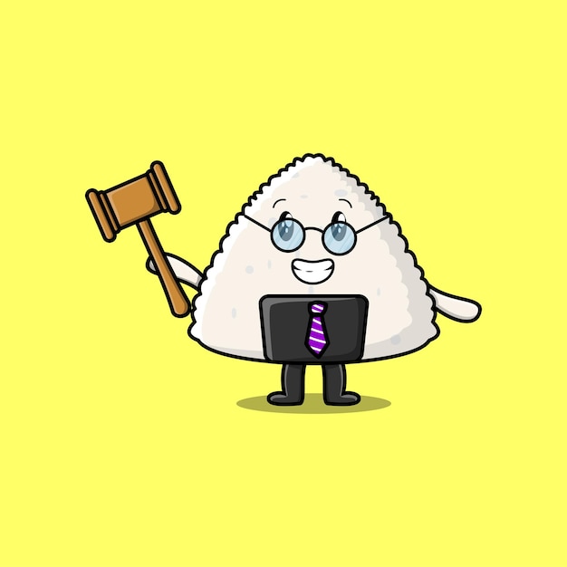 Cute cartoon mascot character wise judge Rice japanese sushi wearing glasses and holding a hammer