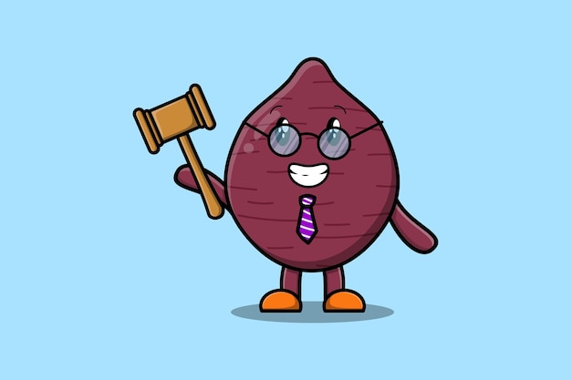 Cute cartoon mascot character wise judge Sweet potato wearing glasses and holding a hammer