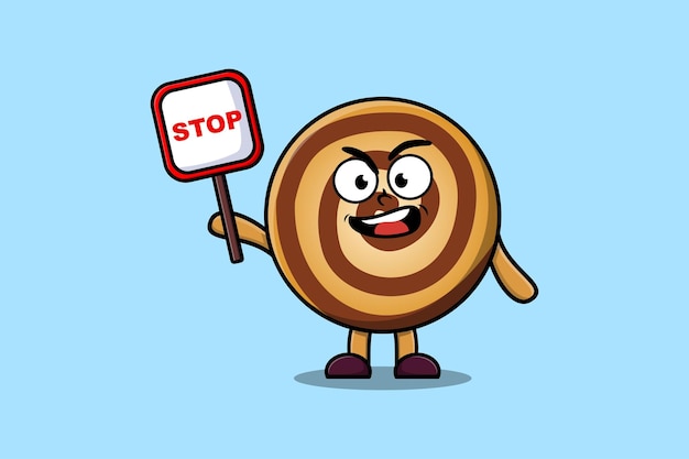 Cute Cartoon mascot illustration Cookies with stop sign board vector drawing