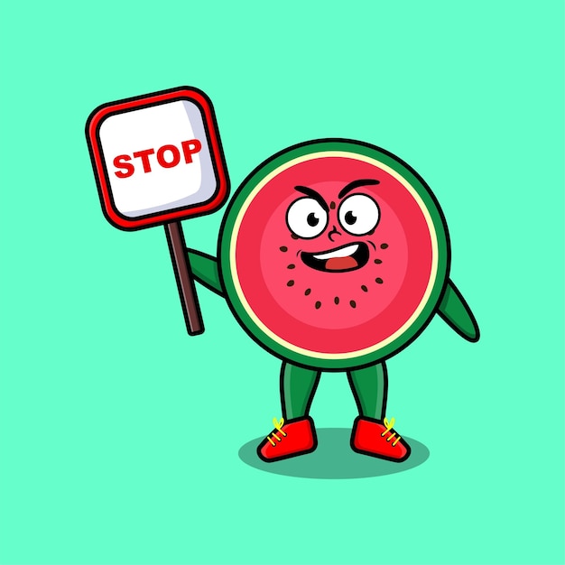 Cute Cartoon mascot illustration watermelon with stop sign board vector drawing cute modern style de