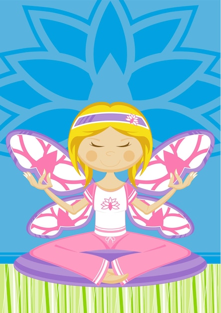 Cute Cartoon Meditating Yoga Girl with Wings Illustration