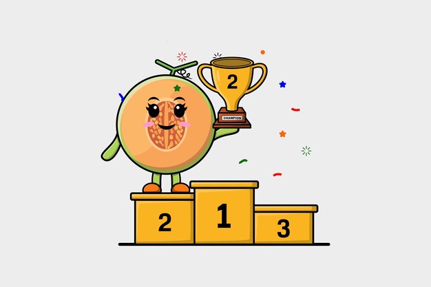 Cute cartoon Melon character as the second winner with happy expression in modern illustration