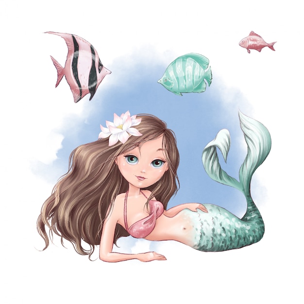 Cute cartoon mermaid and fish on a watercolor background