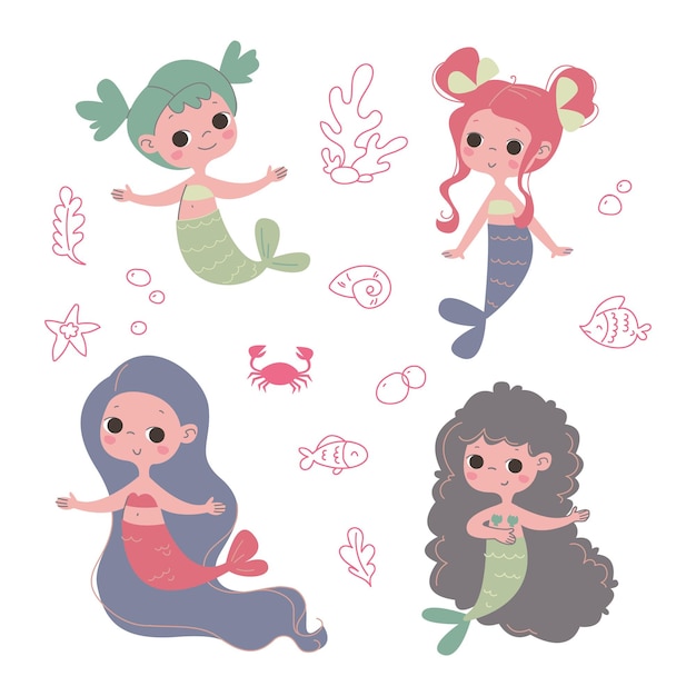 Cute cartoon mermaids with blue pink purple hair Vector Children s print for a girl Pastel