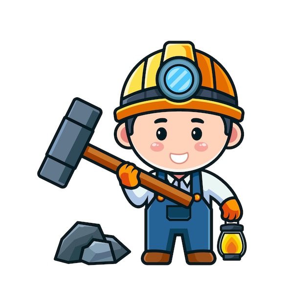 Cute cartoon miner worker holding hammer