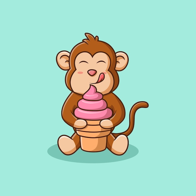 Cute cartoon monkey eating ice cream Vector illustration