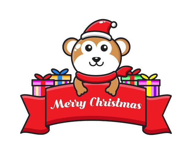 Cute cartoon monkey with christmas greeting ribbon