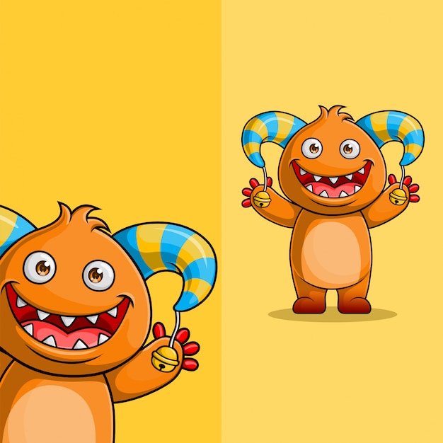 Cute cartoon monster character waving. with different display angle position, Hand drawn