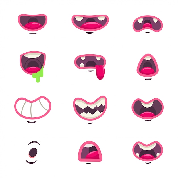 Cute cartoon monster mouth vector set isolated on white background.