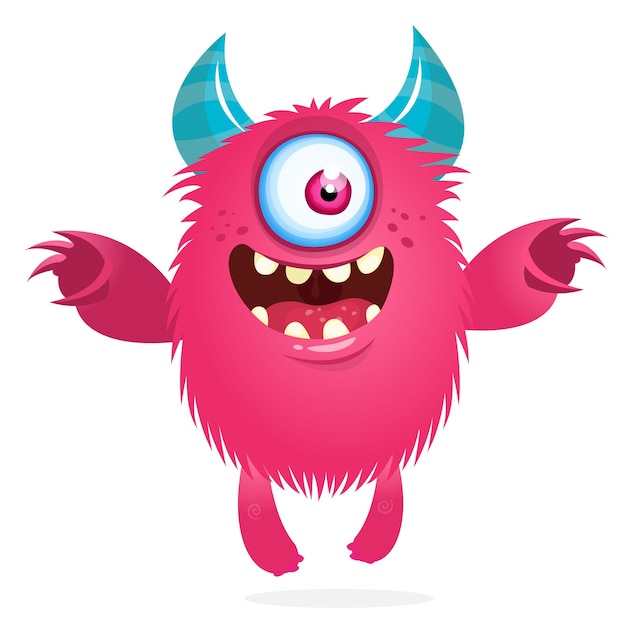 Cute cartoon monster with horns and with one eye Smiling monster emotion with big mouth Halloween vector illustration