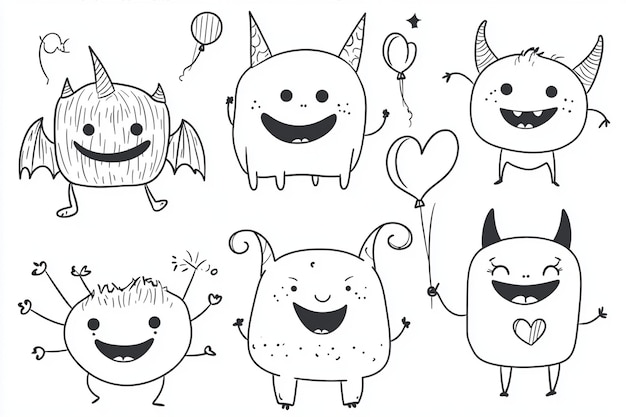 Vector cute cartoon monsters line art