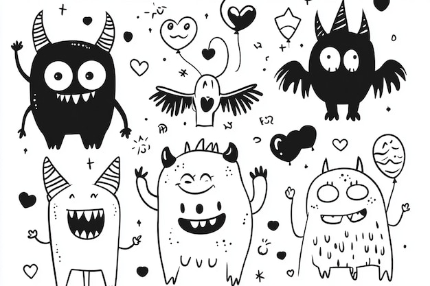 Vector cute cartoon monsters line art