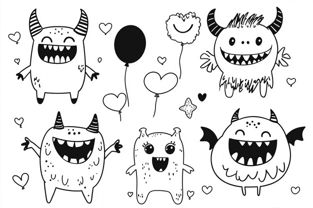 Vector cute cartoon monsters line art