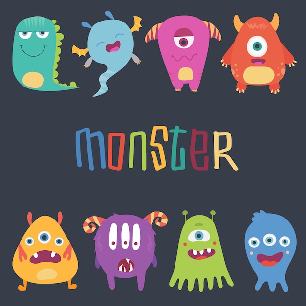 Cute cartoon Monsters. Vector set of cartoon monsters: caterpillar, ghost, goblin, bigfoot, microbe and alien. Halloween characters are isolated