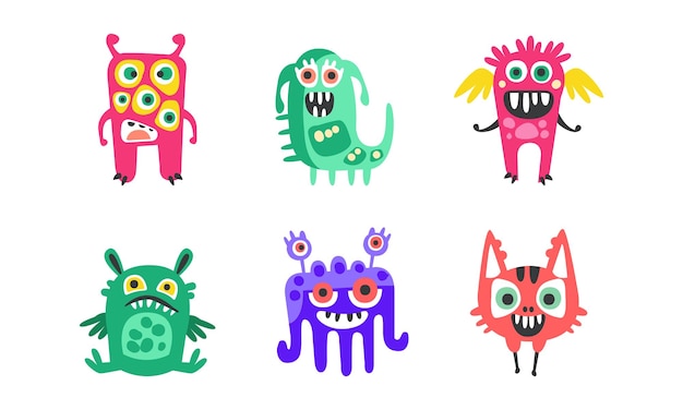 Vector cute cartoon monsters with smiling faces and funky shapes vector set