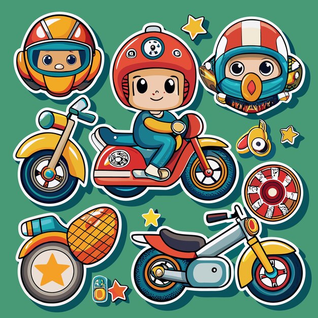 Vector cute cartoon motorbike riders and bikes