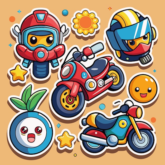 Vector cute cartoon motorbike stickers with fun characters