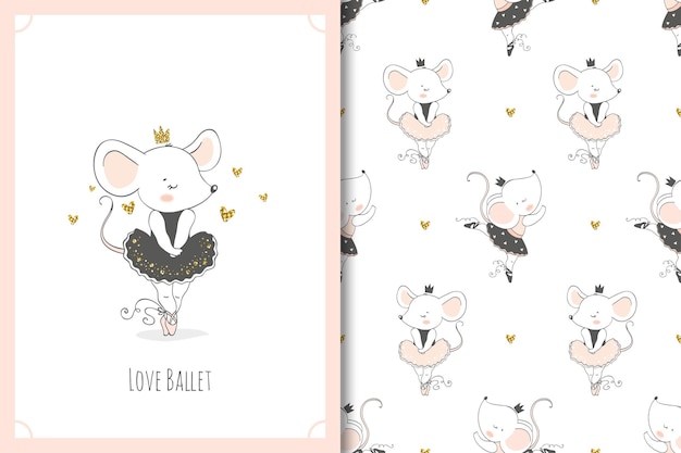 Cute cartoon mouse ballerina cartoon character. Mice card and seamless pattern set.