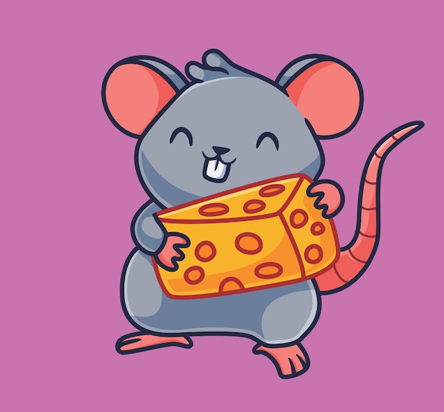 Cute cartoon mouse holding a cheese isolated cartoon animal illustration vector