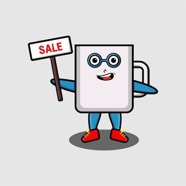 Cute cartoon mug character holding sale sign designs in concept 3d cartoon style