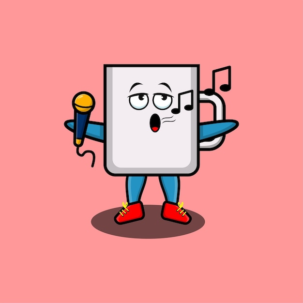 Cute cartoon mug singer character holding mic in 3d modern style design