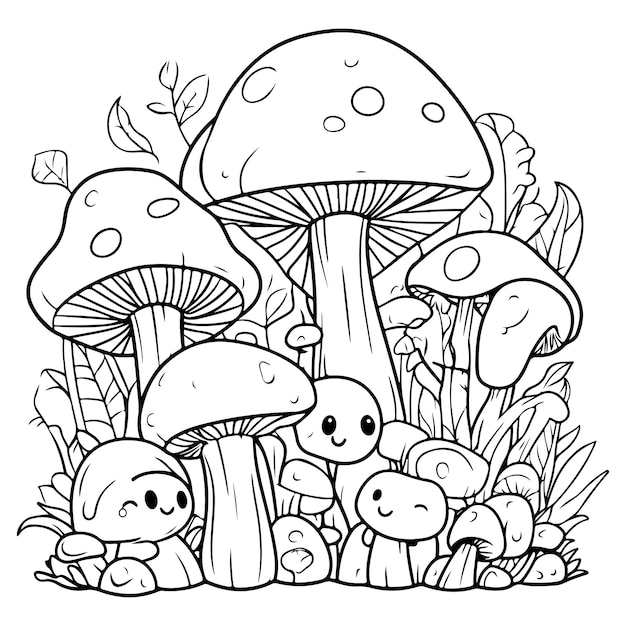 Vector cute cartoon mushroom forest coloring pages