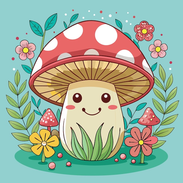 Vector a cute cartoon mushroom with a smiling face surrounded by flowers and leaves on a blue background