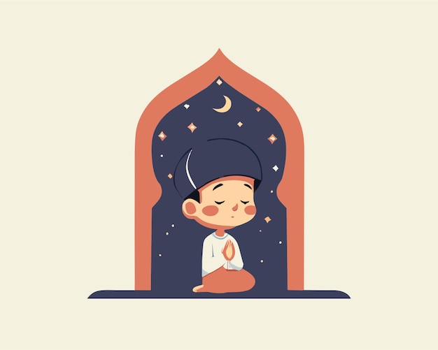 cute cartoon a muslim boy praying in the mosque hand drawn simple color vector illustration