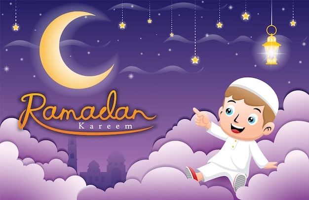 cute cartoon Muslim kids on clouds with lantern pointing to crescent moon at Ramadan night